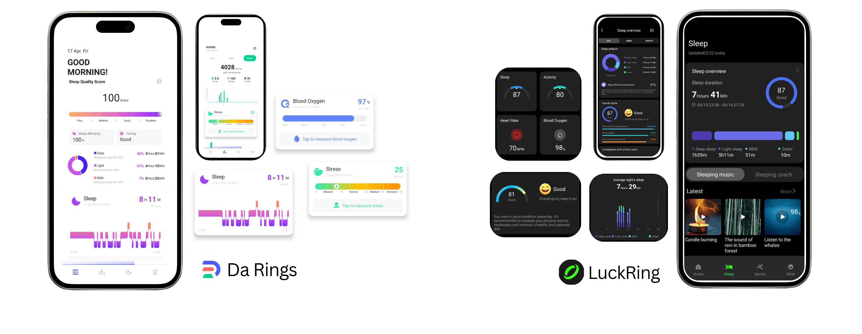Collection of smartphone screens displaying different apps with visible branding of Da Rings and LuckRing.