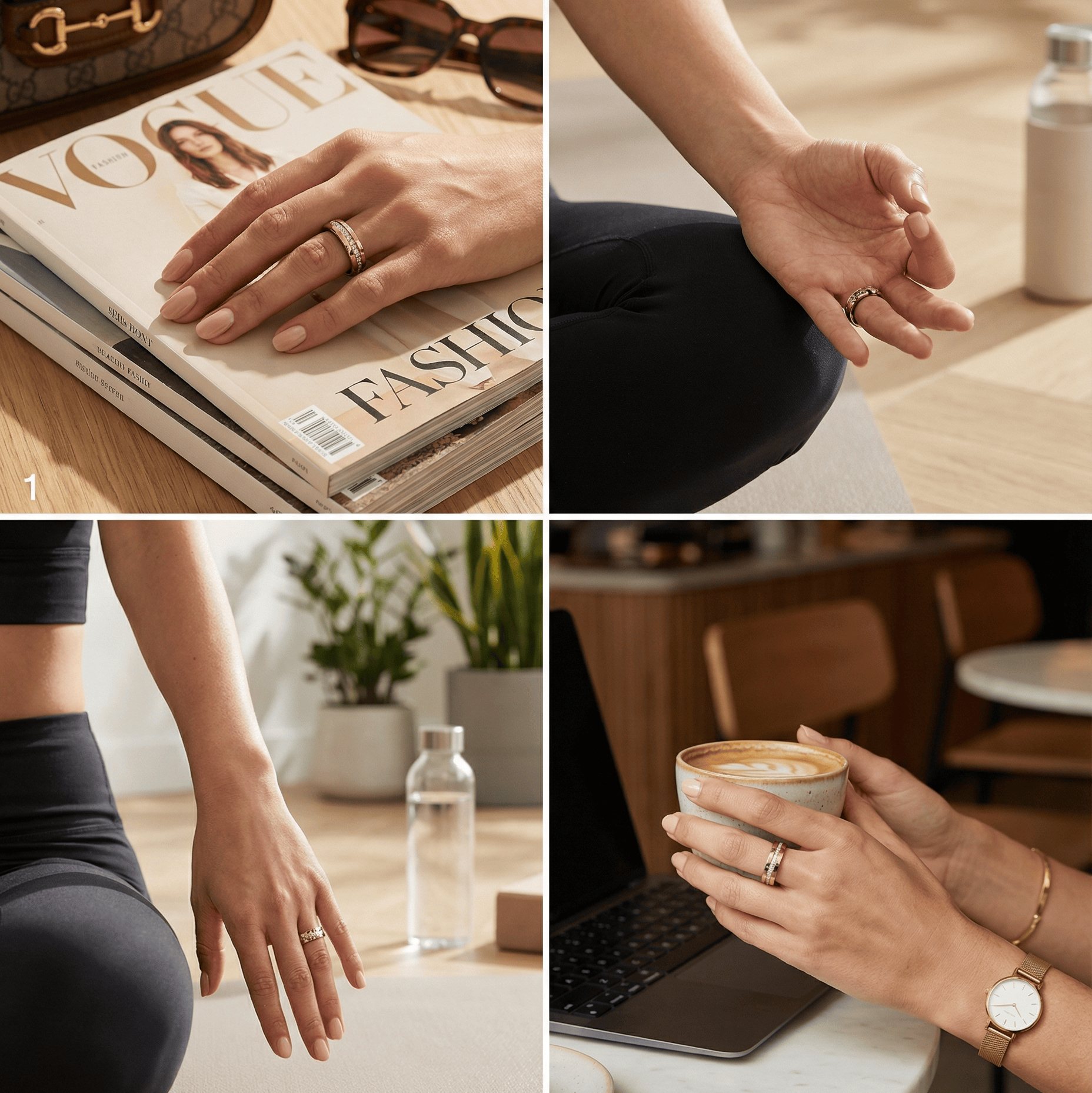 Four images of women wearing Nala Gold Moissanite Stylish Smart Rings