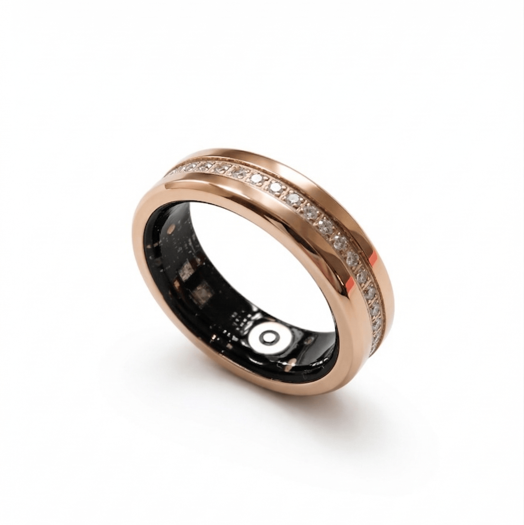 Rose gold nala stylish smart ring with black interior on a white background