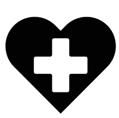 Black heart shape with a white cross inside on a white background