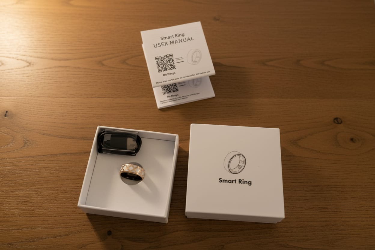 Smart ring in packaging with user manual on a textured surface