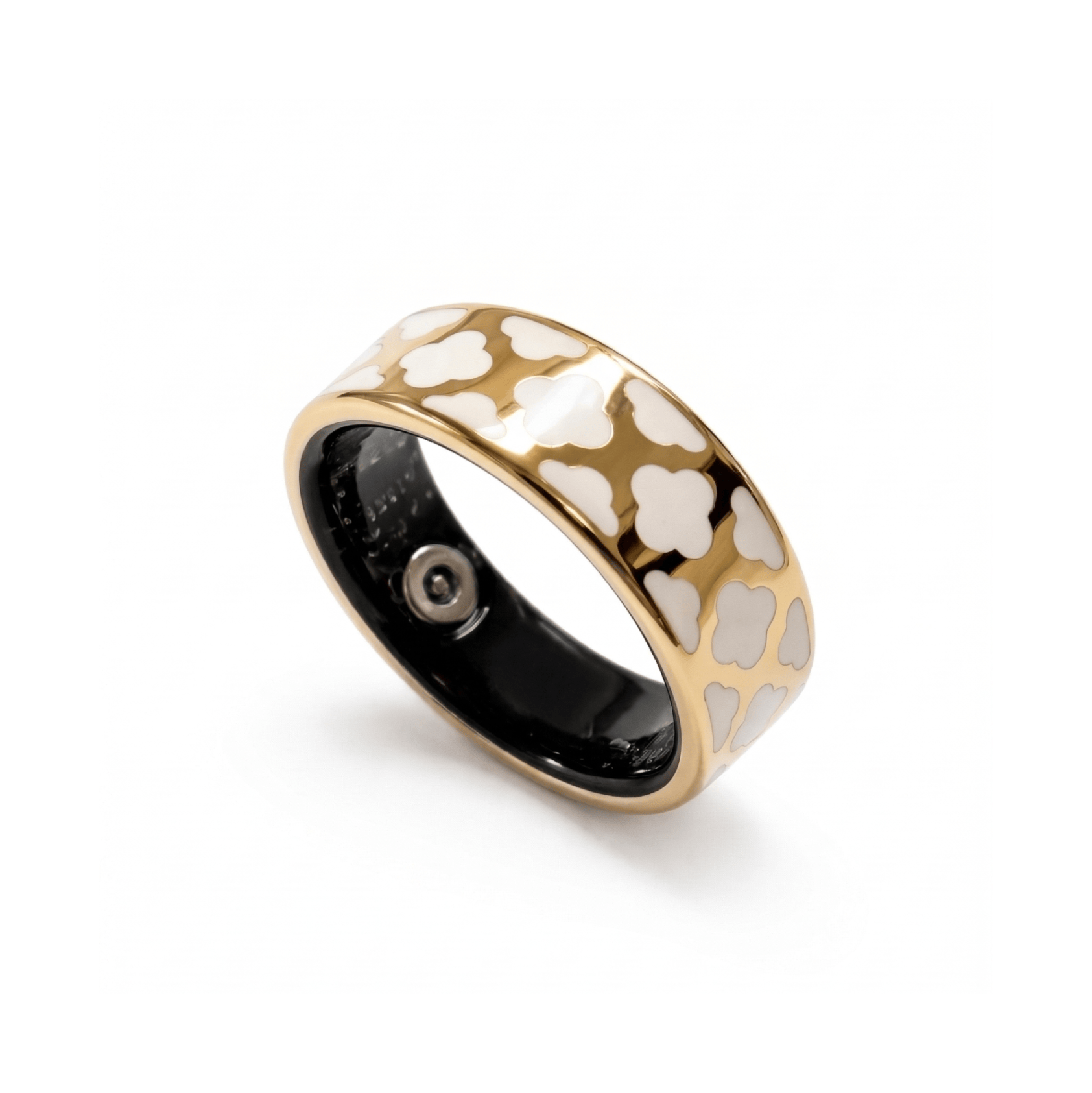 Stylish smart ring with gold and ceramic band featuring patterns on a white background