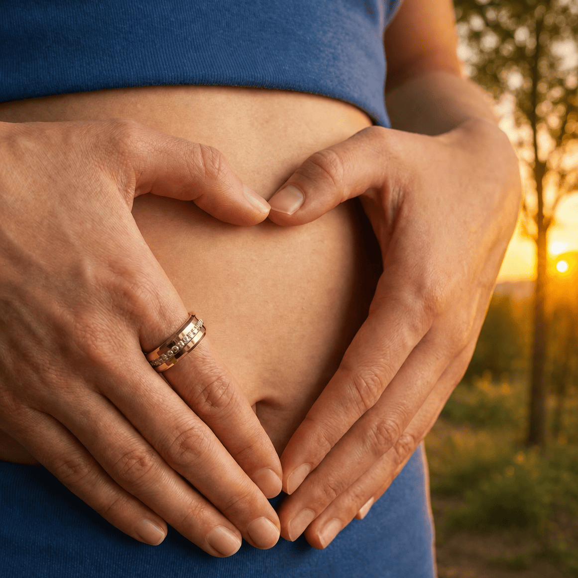 Close-up of hands wearing a Gold Moissanite Smart Ring forming a heart shape over a woman's stomach with a sunset background.