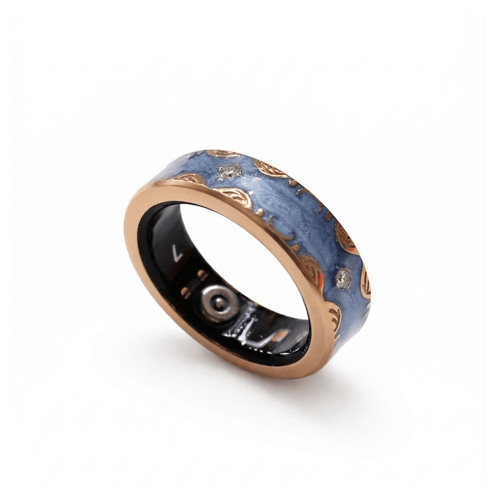 Nala stylish smart ring with blue inlay and rose gold band on a white background