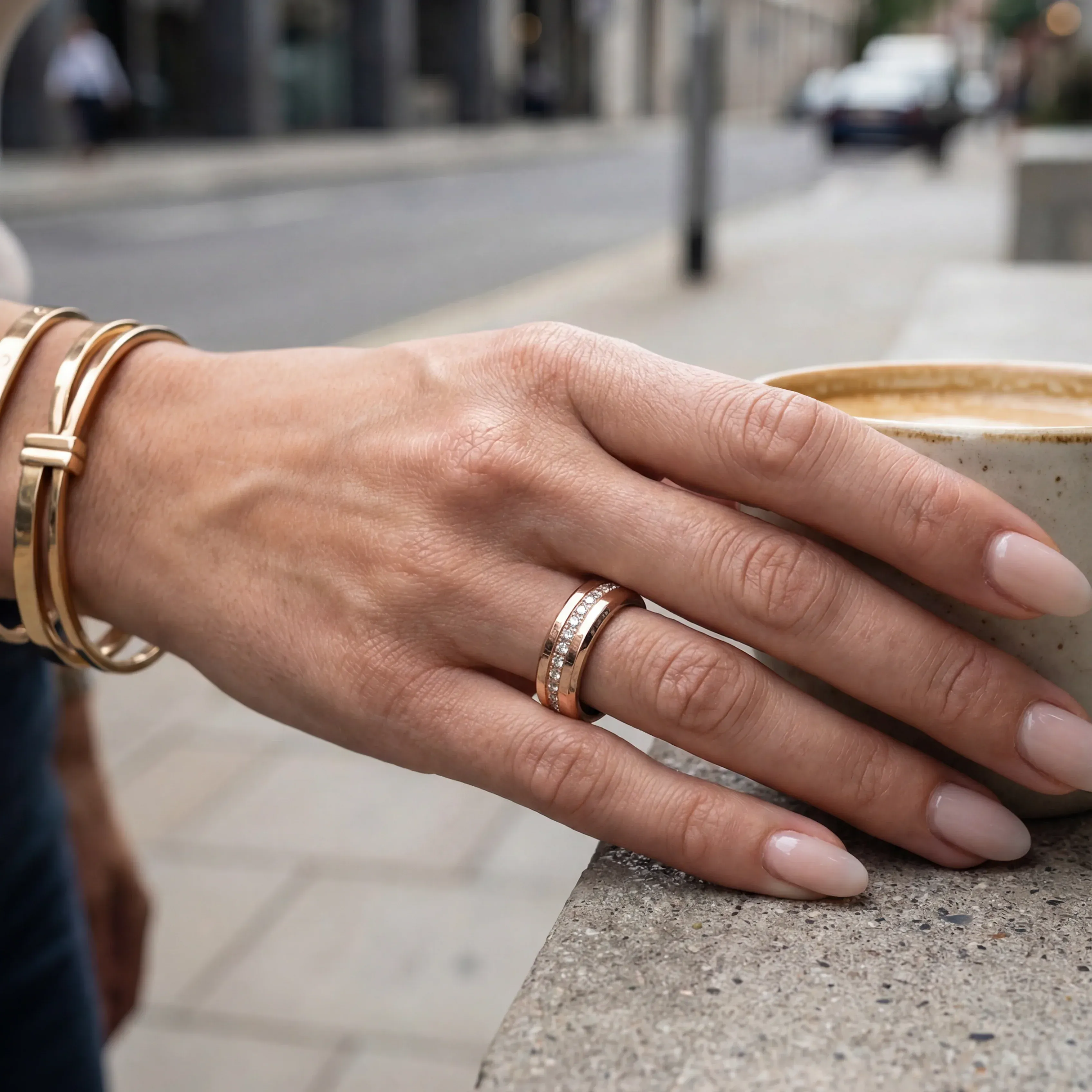 Woman wearing Nala fashionable smart ring jewellery rose gold moissanite holding coffee