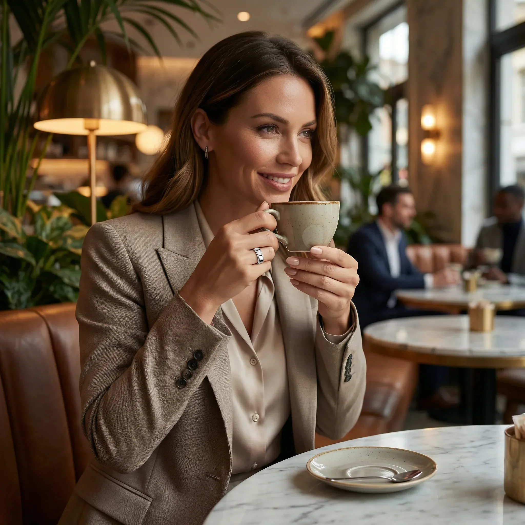 Woman wearing Nala fashionable smart ring jewellery sliver diamante in cafe