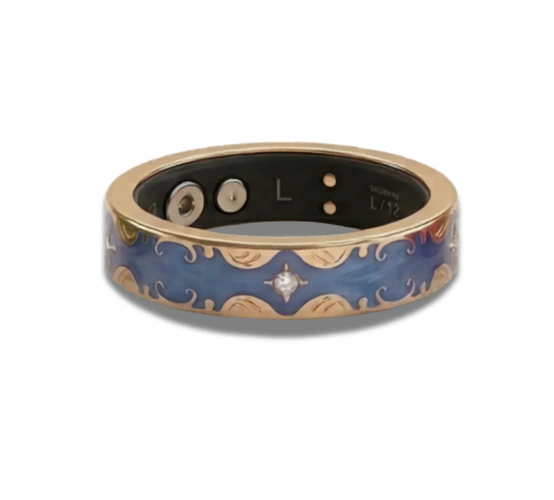 Blue smart ring with blue and gold design on a white background