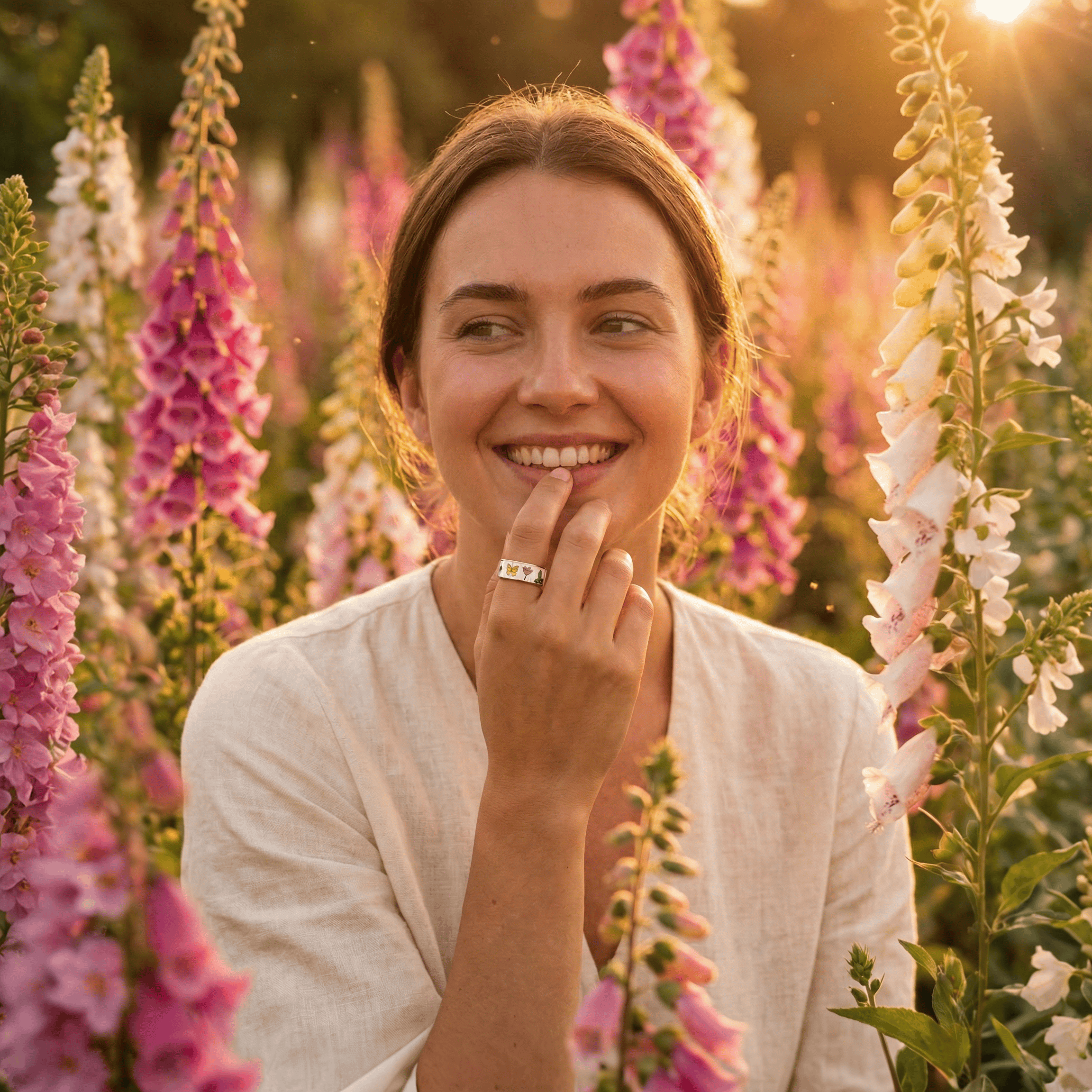 Woman standing among tall flowers with a warm glow wearinfg stylish smart ring