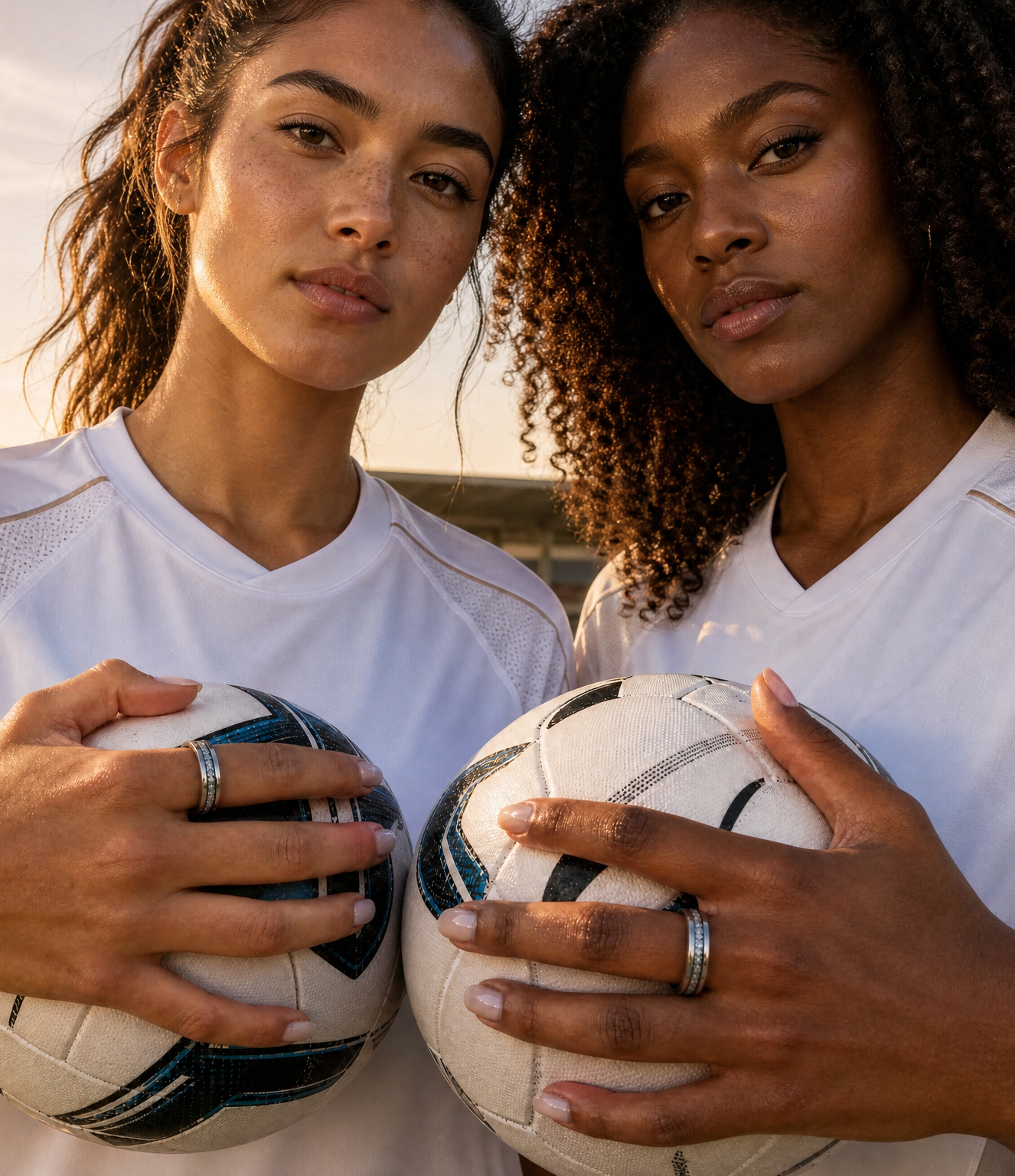 Two female soccer players holding soccer balls on a field.