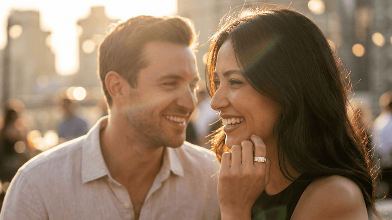Man and woman wearing a fashion smart ring smiling at each other with a blurred cityscape in the background