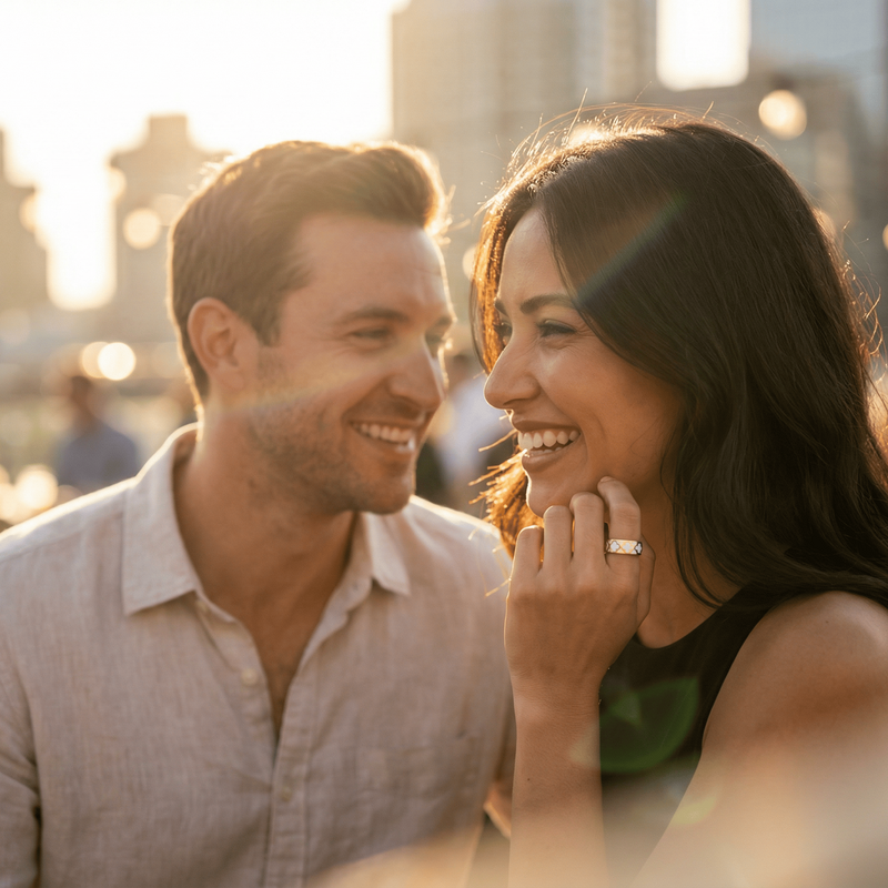 Couple smiling at each other with a cityscape in the background, woman is wearing nala ring