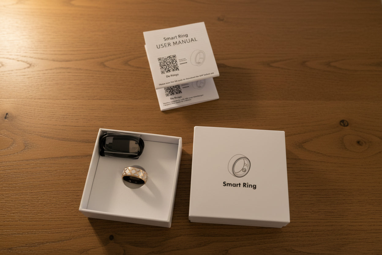 Smart ring in packaging with user manual on a textured surface